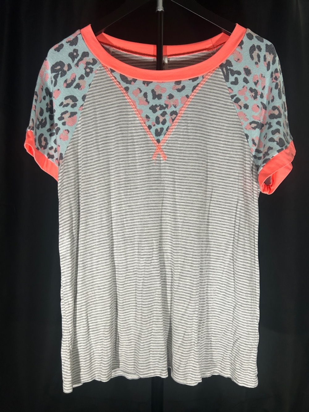 Vanilla Bay Gray Stripe Tee with Coral Trim and Aqua Leopard Sleeves